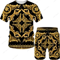 summer sportswear 3d printed golden pattern lion head clothing man jogging t shirts shorts 2 piece outfit mens tracksuits set