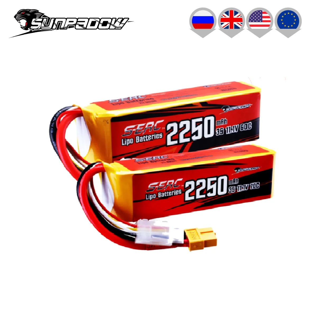 2pcs SUNPADOW 11.1V 3S RC Lipo Battery 60C 70C 2250mAh with XT60 Plug for RC Airplane Quadcopter Helicopter Drone FPV Boat