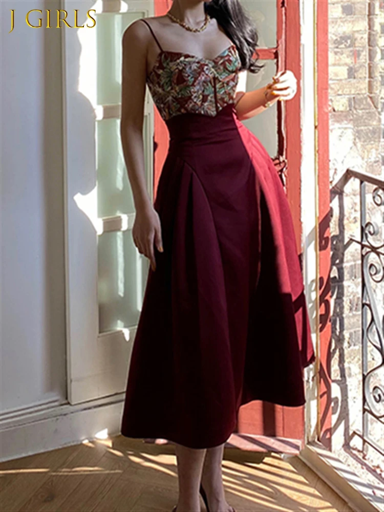 

2 Piece Sets Womens Outfits Women Skirt Set Female Vintage Embroidery Print Sleeveless Spaghetti Strap Top + High Waist Skirt