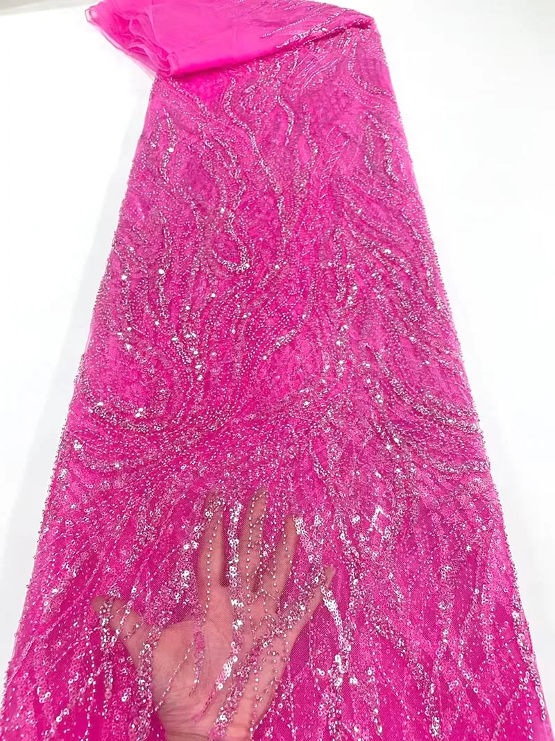 

Fuchsia Luxury African Lace Fabric High Quality Lace Heavy Bead Tube Sequin Lace Fabric for Wedding Dress