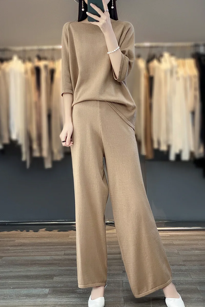 

Women Knitted Pants Sets Spring Femael Sweater 2 Piece Suits Cotton Thin Sets O-Neck Three Quarter Pullover Loose Wide Leg Pants