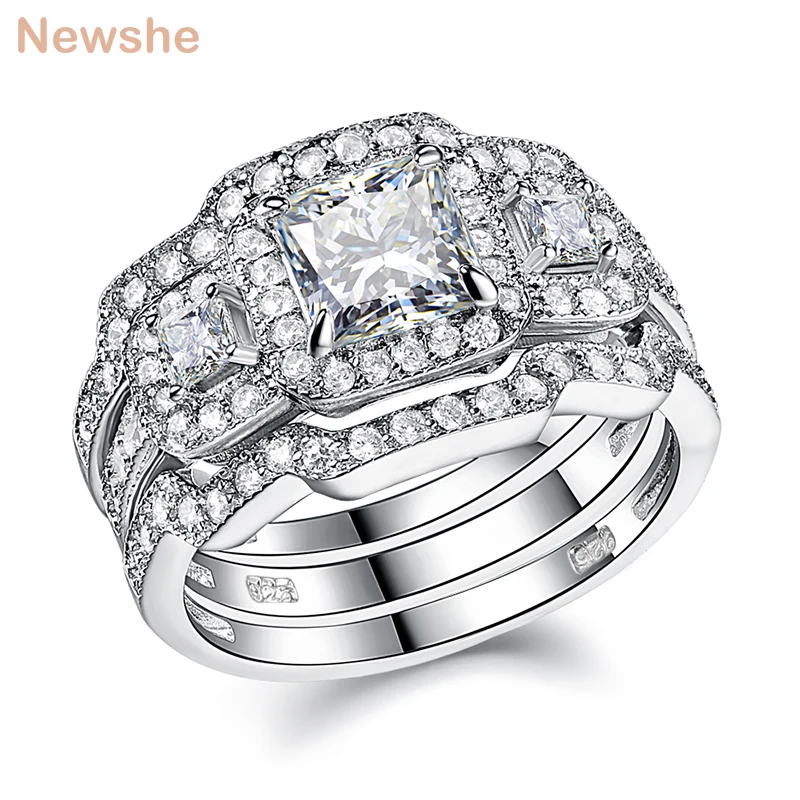 

Newshe 3 Pcs Wedding Ring Bridal Jewelry Set 925 Sterling Silver Princess Cut AAAAA CZ Engagement Rings For Women Size 5