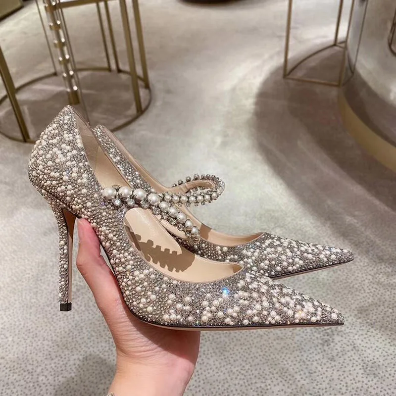 New Rhinestone 1CM/7CM/9CM High Heels Mary Jane Luxury Pumps Pointed Toe Woman Crystal Wedding Shoes Big Size 33~41
