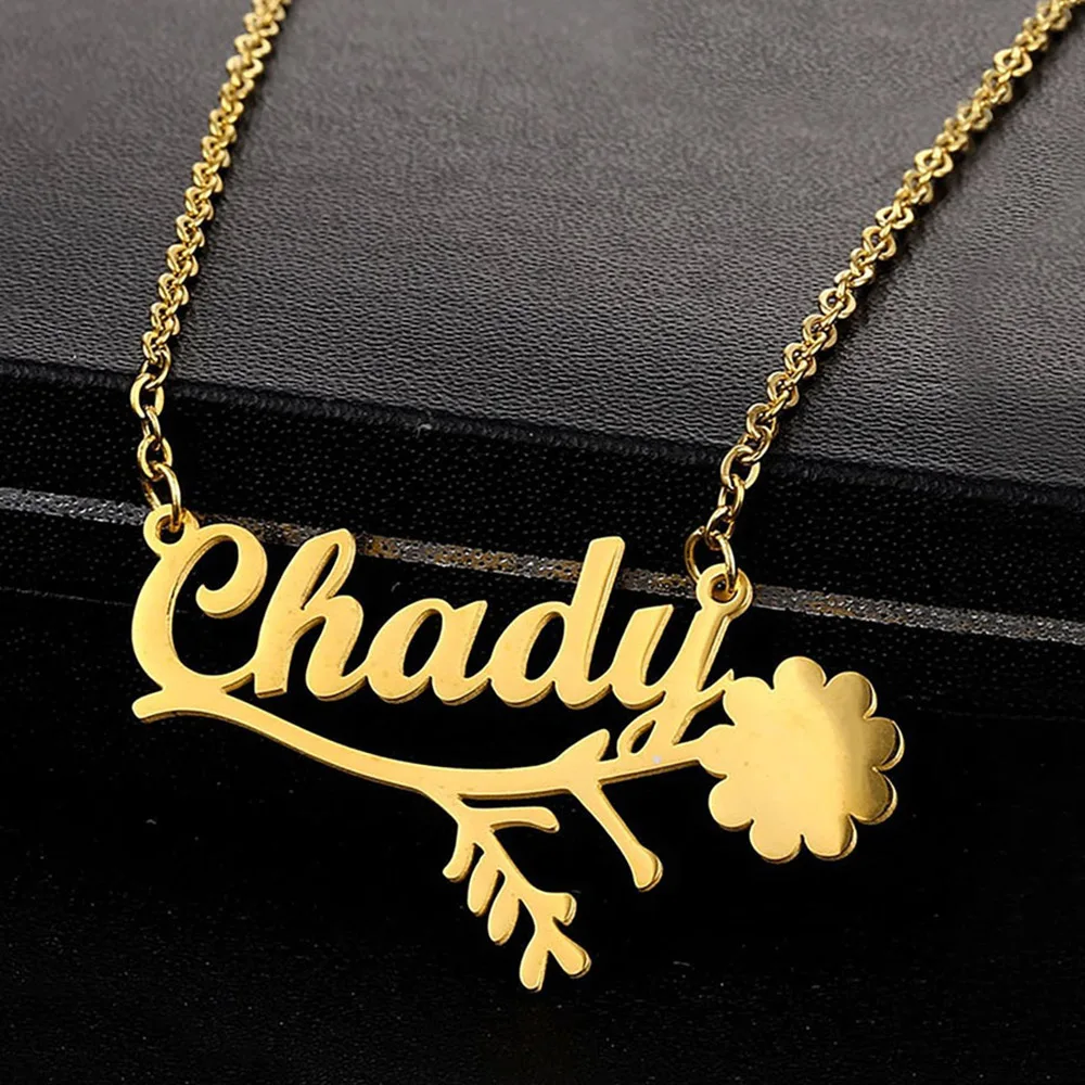 

Customized Name Necklace With Flower Personalized Nameplate Pendant Stainless Steel Jewelry For Woman Anniversary Gift