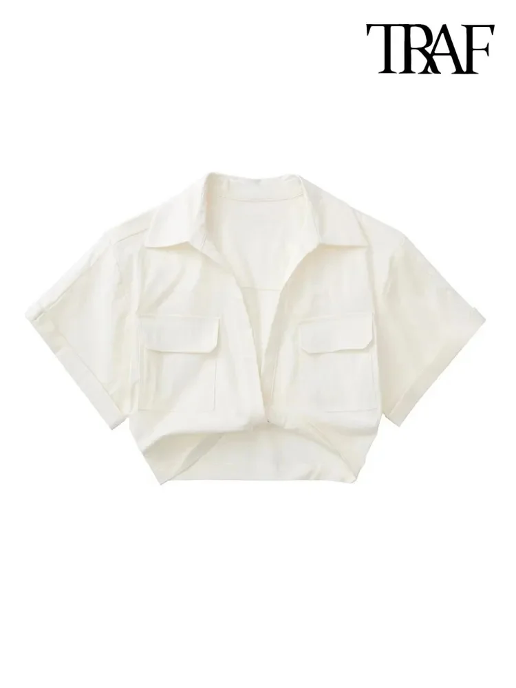 

Женские Эластичные льняные укороченные рубашки с узлом спереди, винтажные женские блузки с коротким рукавом, накладными карманами, блузки, шикарные топы