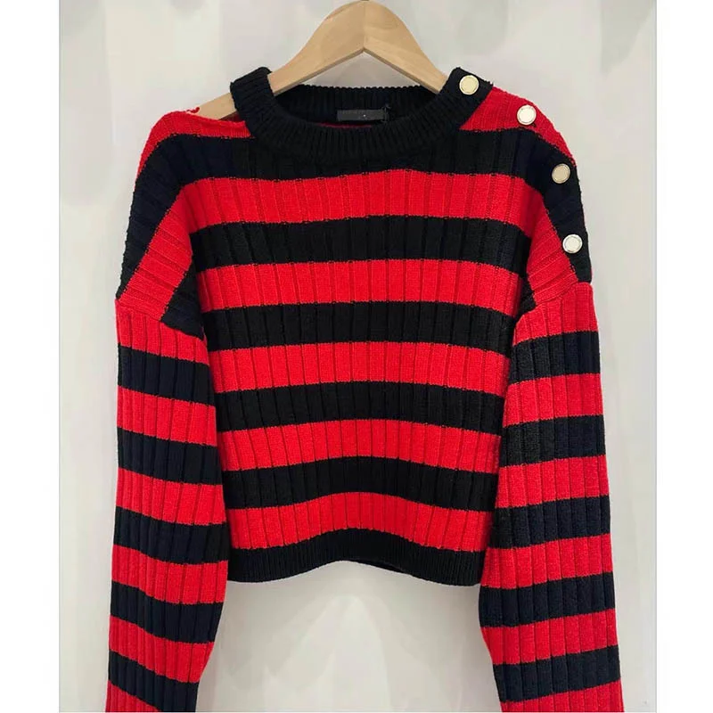 

Женский трикотажный пуловер в полоску, с длинным рукавом и открытыми плечами