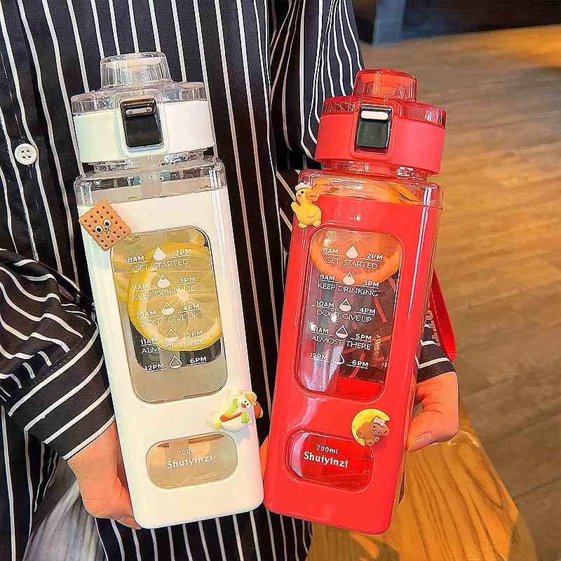 

700 ML Cute Square Plastic Water Bottle With Straw For Adults Portable Large Capacity Sports Bottles For Women Student Drink Cup