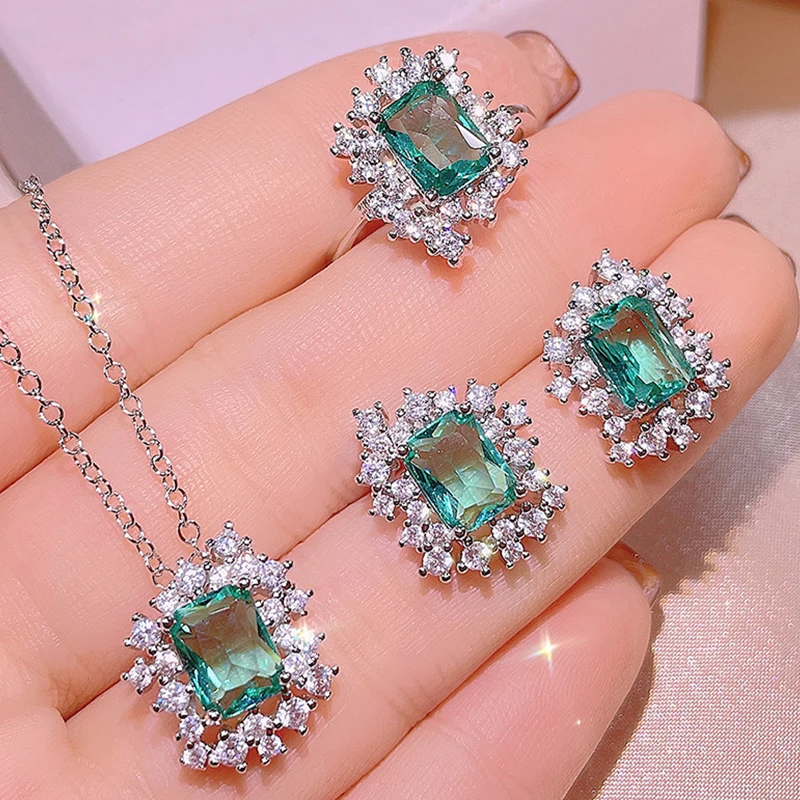 

Uilz Square Gemstone Zircon Crystal Pendant Necklace Earrings Ring Charms Green Stone Wedding Jewelry Set for Women