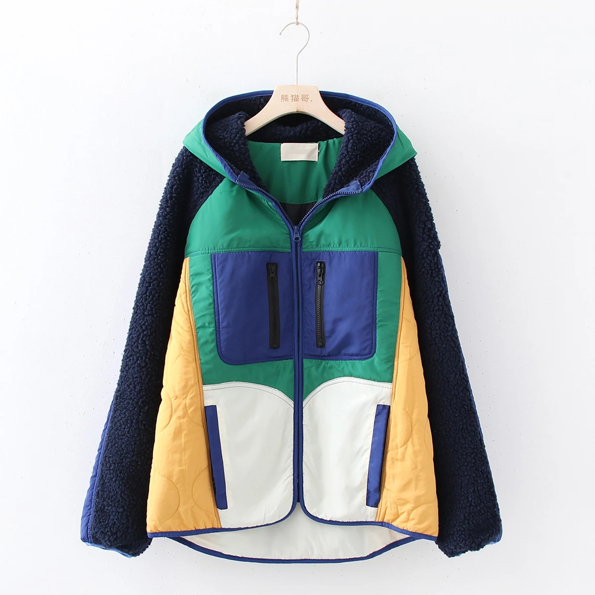 

2023 Winter Clothes Color Lamb Wool Cotton-Padded Jackets Women's Sweet Cute Contrast Color Coat Vintage Polar Fleece Outerwear