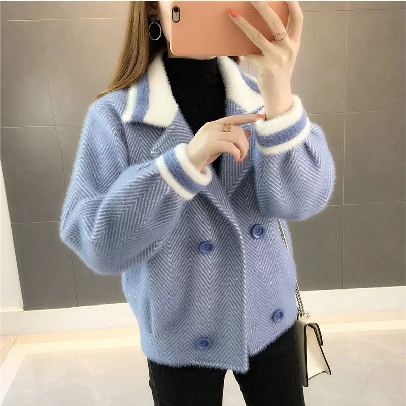 

Women's Short Section Pretty Herringbone Wool Jackets Fashion Double Breasted Spring Coats Female Knitted Mink Jacket Sweater