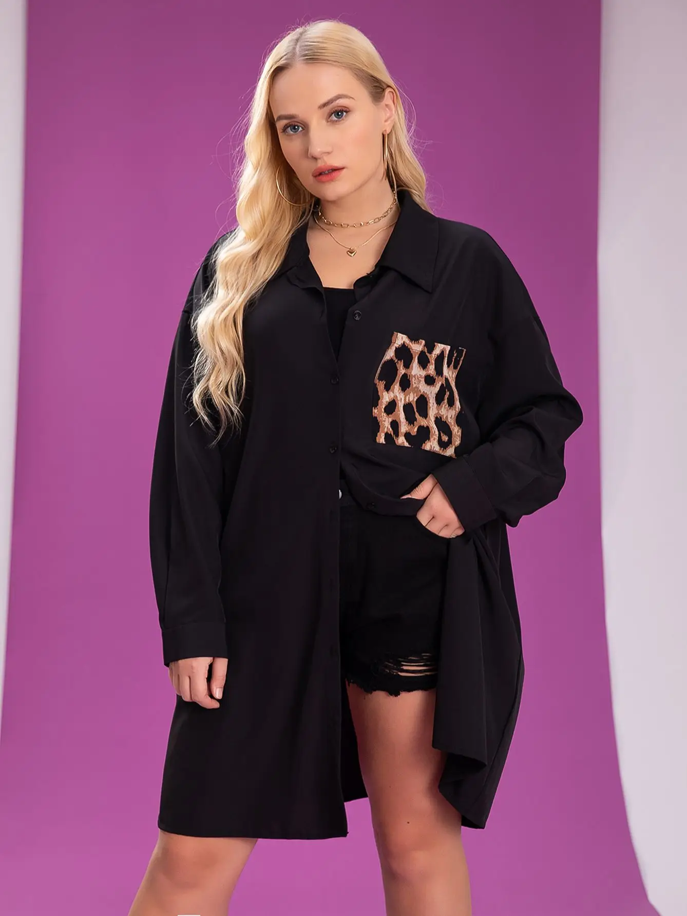 Plus Size 4XL Black T Shirts Women Autumn 2022 Long Sleeve Leopard Pockets Big Large Size Blouse Turn-down Collar Oversized Tops