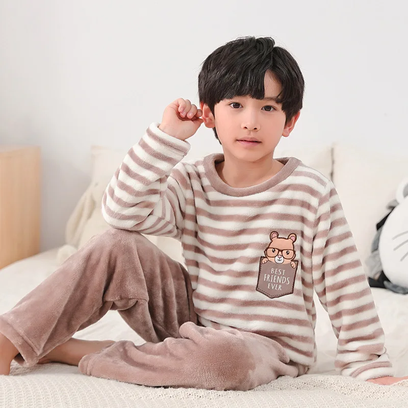 

Winter Cute Cartoon Cozy Thermal Sets Fleece Pajamas Boys Flannel Warm Pyjamas Kids Thicken Teens Sleepwear Night Clothes 6-13y