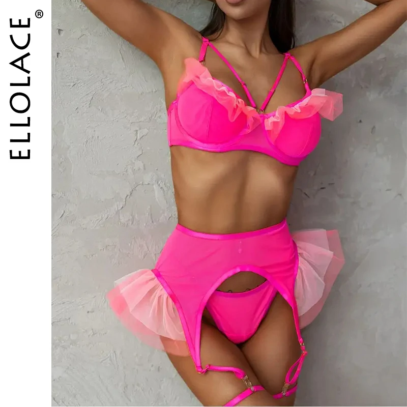 

Ellolace Neon Pink Ruffle Sexy Lingerie Fantasy Lace Romantic Erotic Sets Sissy Young Girl Well-Looking Underwear Exotic Costume