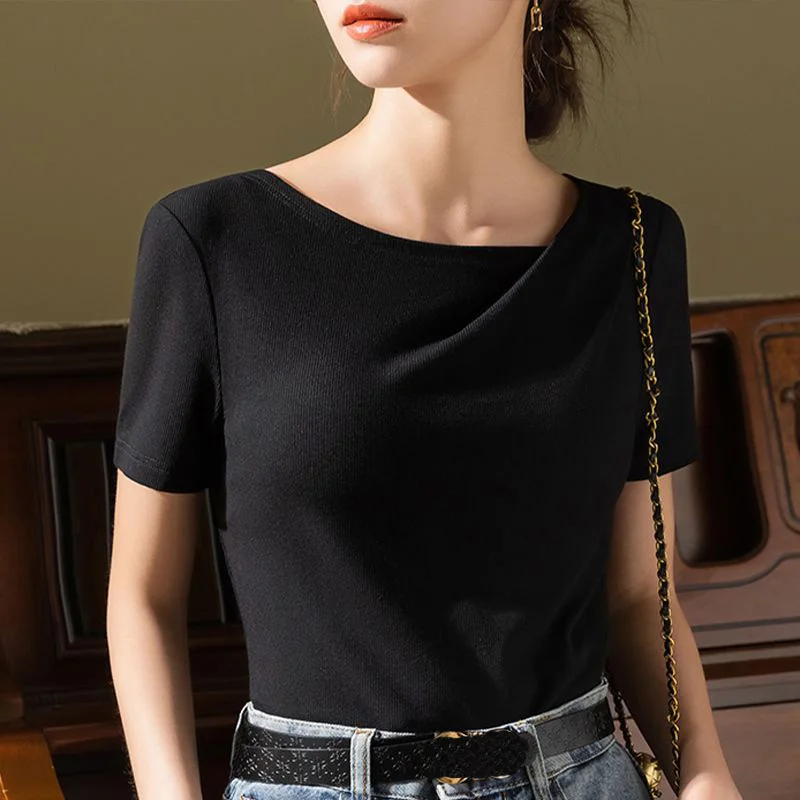 

2023 New Summer Women T shirts Short Sleeve Modal Wrinkle Basic Tops