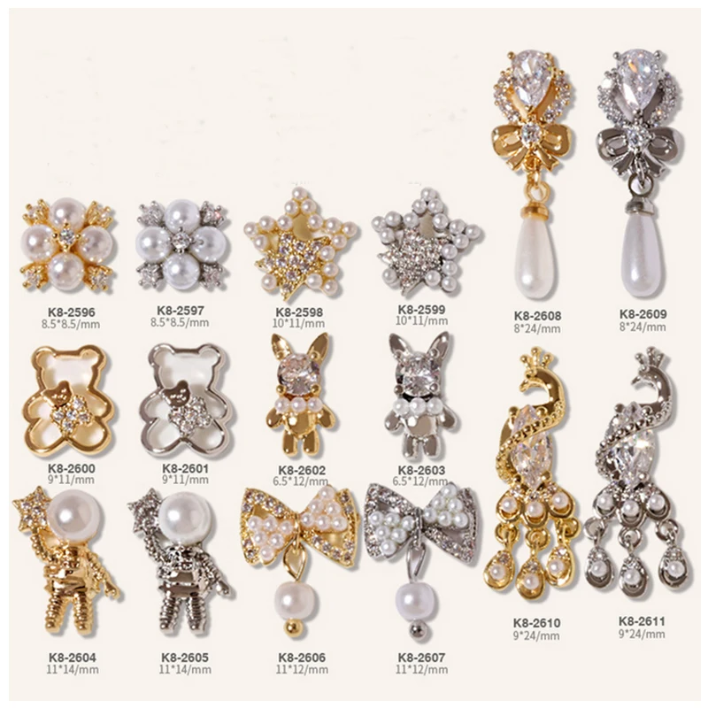 

3pcs Nail Zircon Decoration Peacock Spaceman Star Bear Bow Pearl Pendants Alloy For Nail Manicure Beauty