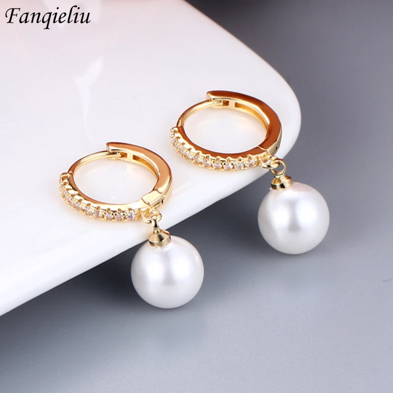 

Fanqieliu S925 Stamp 18K Gold Drop Earrings For Woman New Zircon Pearl Jewelry Dangler Girl Gift Trendy FQL21154
