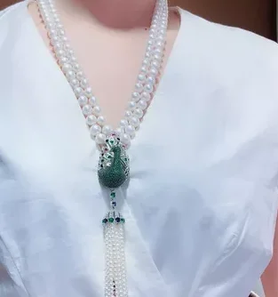 

Hot style 2strands 8-9mm white freshwater pearl micro inlay zircon peacock flower tassel pendant necklace 18-19"