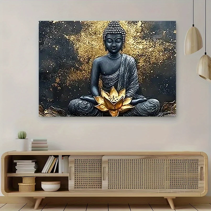 

Большое абстрактное настенное искусство Будды - черно-золотая живопись на холсте