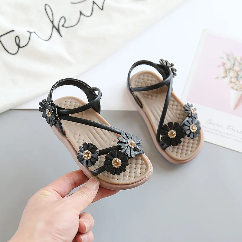 

COZULMA Kids Girls Elegant Flower Hook & Loop Beach Sandals For Children Solid Color Non-Slip Summer Shoes Size 21-35