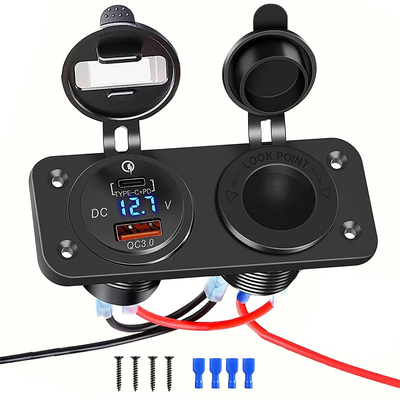 

12/24 В USB-розетка PD Type C и QC3.0 Автомобильное зарядное устройство USB с измерителем напряжения Розетка прикуривателя для автомобиля Мотоцикла Лодка RV