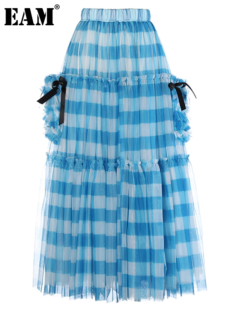 

[EAM] высокая эластичная талия Синяя Клетчатая сетчатая винтажная юбка трапециевидной формы с бантом женская модная новинка весна-осень 2023 1DH1115