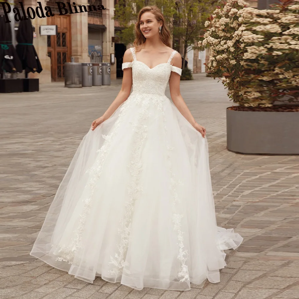 

Paloda Charming Lacing Up Appliques Wedding Dresses For Women Off The Shoulder V-Neck Floor Length A-LINE Vestido De Casamento