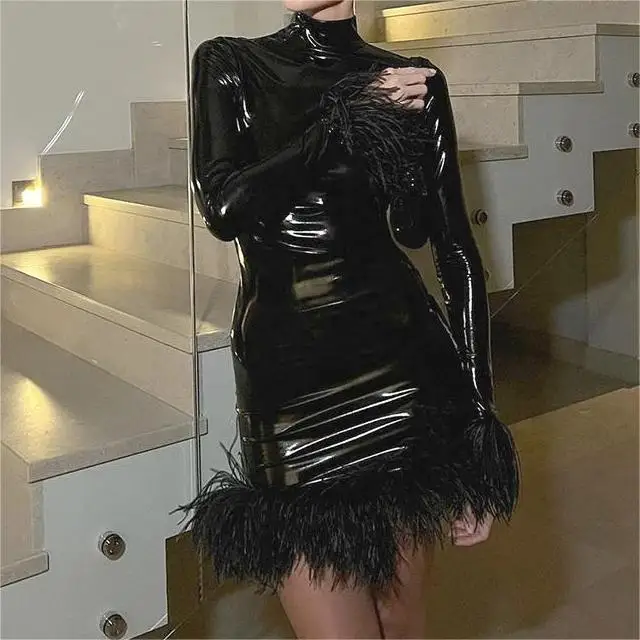 

New Fashion Womens Spring Autumn Skinny Dress Black Long Sleeve High Neck PU Leather Dresses Club Street Style S M L