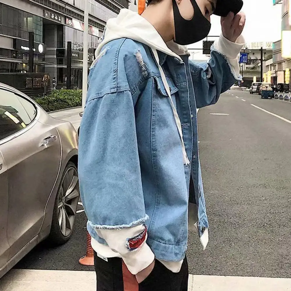 

Trendy Jacket Coat Hooded Super Soft Single Breasted Relaxed Fit Jean Jacket Male Jean Jacket for Travel