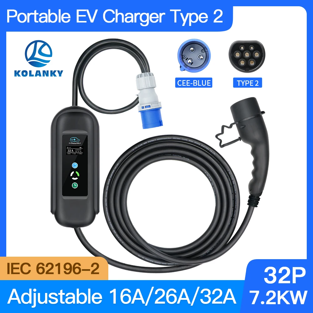 

Mobile 32A 7.2KW EV Charger Type 2 IEC 62196-2 Charging For Electric Vehicle Hybrid PHEV Car CEE Blue Power Plug Full Length 5M