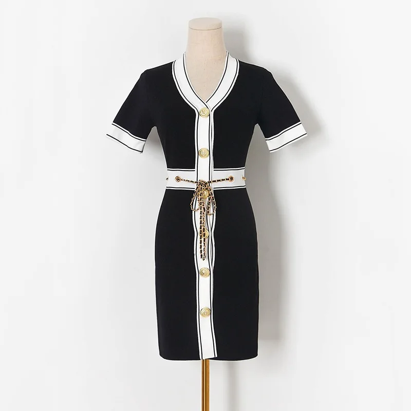 

Летнее трикотажное облегающее платье с поясом-цепочкой, женские контрастные мини-платья с зауженной талией и коротким рукавом, Новинка