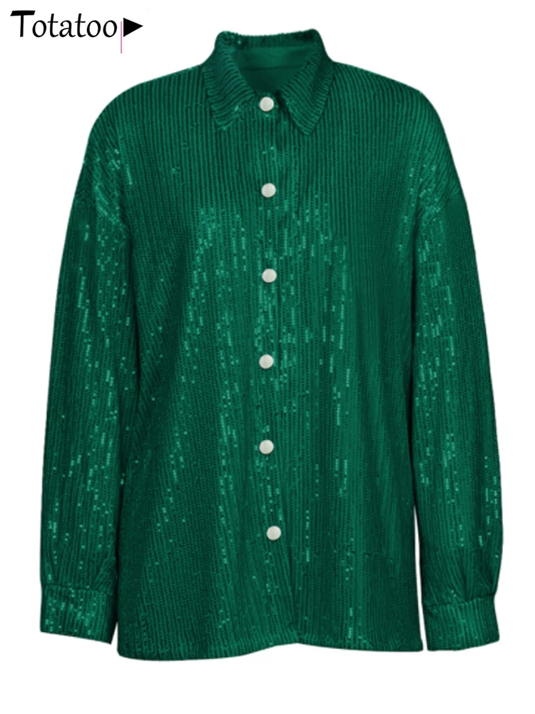 Totatoop-женская блузка на пуговицах с V-образным вырезом и пайетками рубашки длинным
