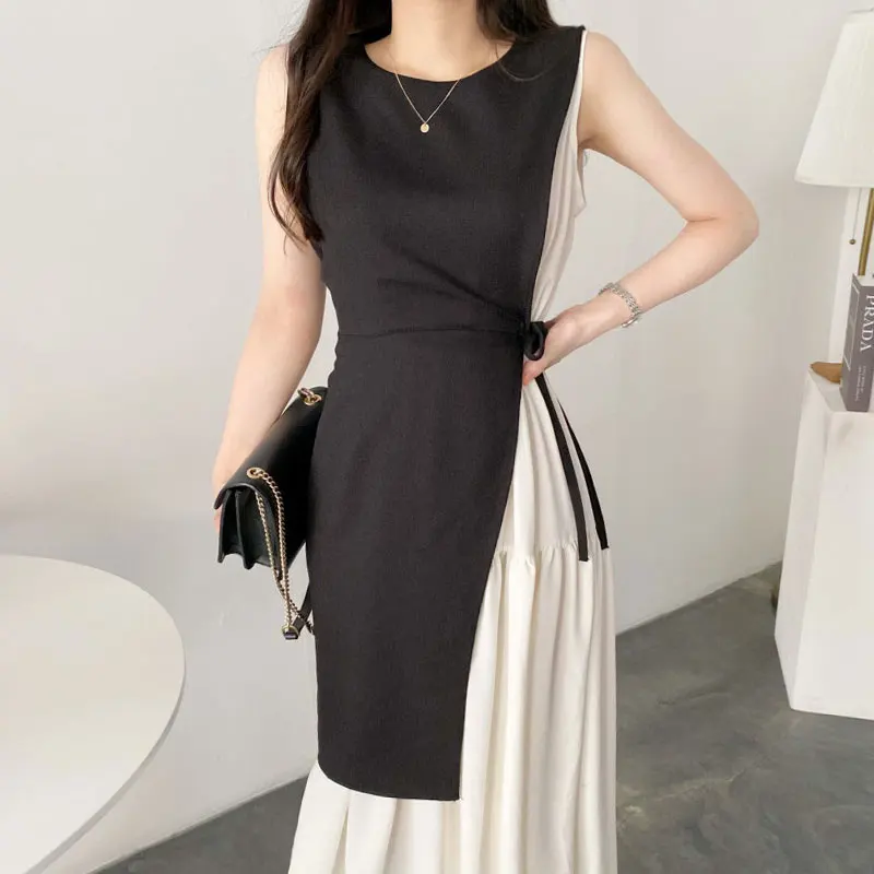 

SuperAen 2022 Summer O Neck Patchwork Contrast Two-piece Lace-up Waist Sleeveless A Line Vest Dresses for Women