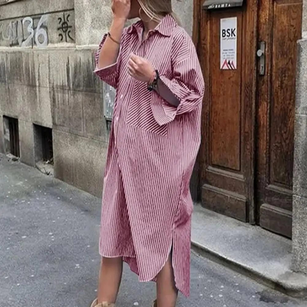 

2022 Patch Pocket Single Breasted Side Split Hem Women Dress Striped Print Lapel Loose Autumn Midi Shirt Dress Female Clothing