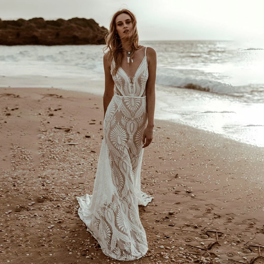 

Sexy Beach Crochet Lace Wedding Dress 2023 Mermaid Sexy Spaghetti Straps Backless Bohemian Civil Country Bride Dress Romantic