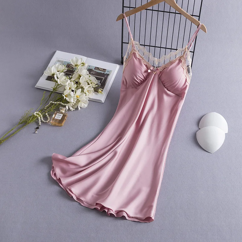 

Sexy Suspenders Nightgown for Women Lace Sweet Home Dress Satin V-Neck Intimate Nightdress With Bra Lingerie Backless Sleepwear