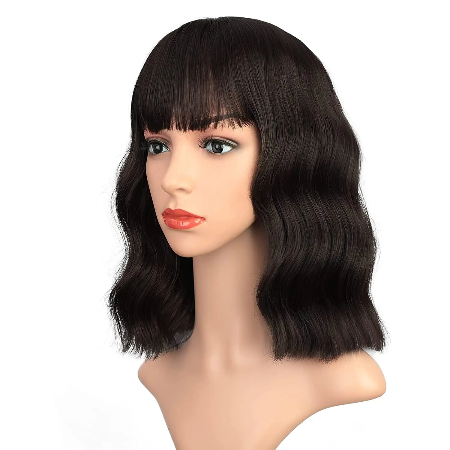

14’Shoulder Length Cute Wig natural wavy short bob wigs with neat bangs for women synthetic heat resistant Wig for Party/Cosplay
