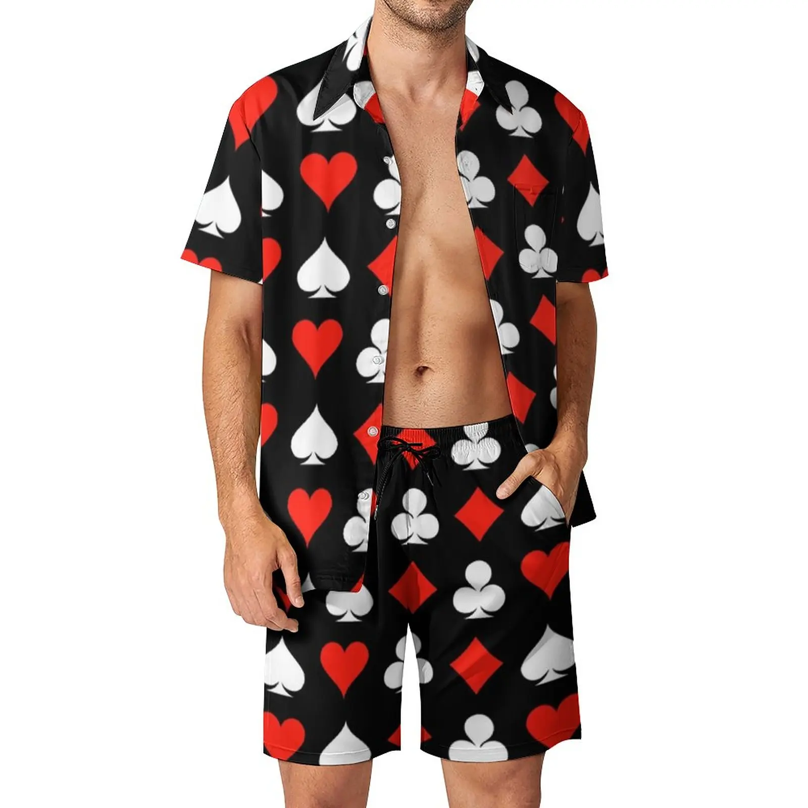 

Red Heart Print Men Sets Poker Symbol Casual Shorts Summer Vintage Vacation Shirt Set Short-Sleeve Custom Oversized Suit Gift