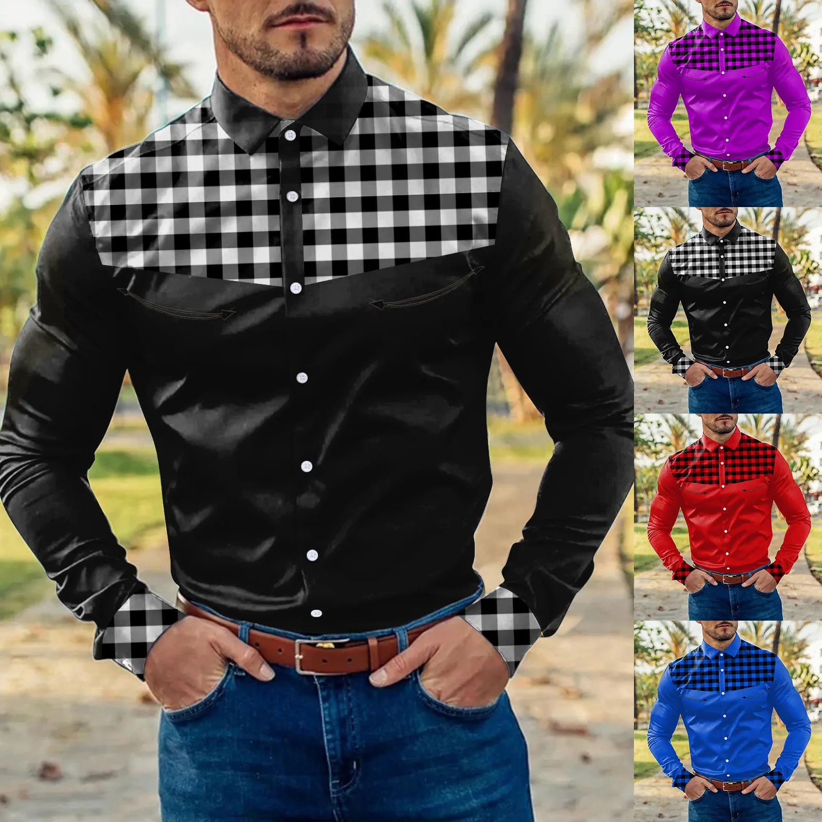 

Mens Fashion Casual Plaid Color Block Splicing Lapel Button Compression Shirts Men Long Sleeve Classic 2 Mens Tee Shirt Loose