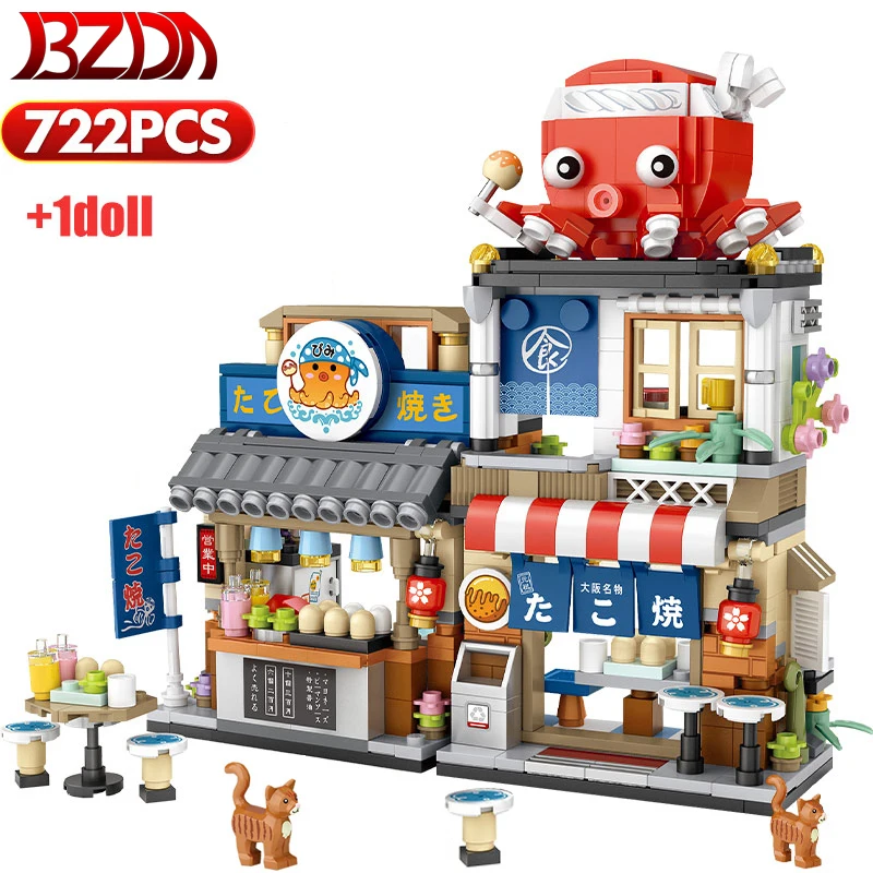 BZDA Micro Mini Takoyaki Street View Building Blocks Moc Octopus Japanese Food Shop Model Bricks Toys For Children Birthday Gift