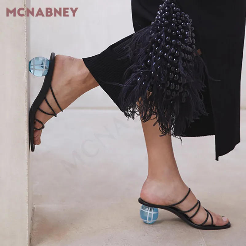 Cross Thin Strap Bulbous Slippers Crystal Ball Shaped Heel Fashion Square Toe Strap Sandal Temperament Sexy Female Slippers