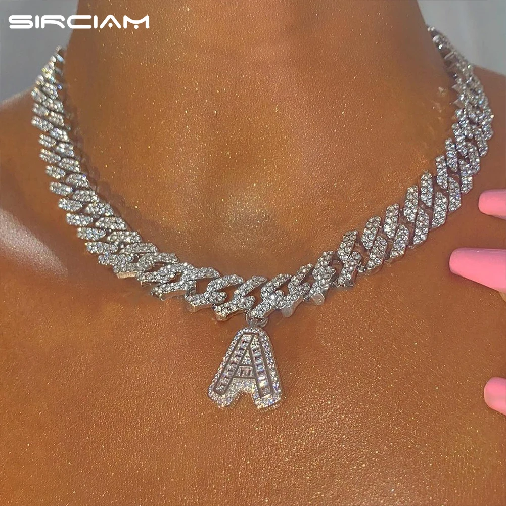 

Men Women Crystal Baguette Letters Pendant Necklace Iced Out Miami Cuban Link Chain 26 Initials Cuban Chain Punk Party Jewelry