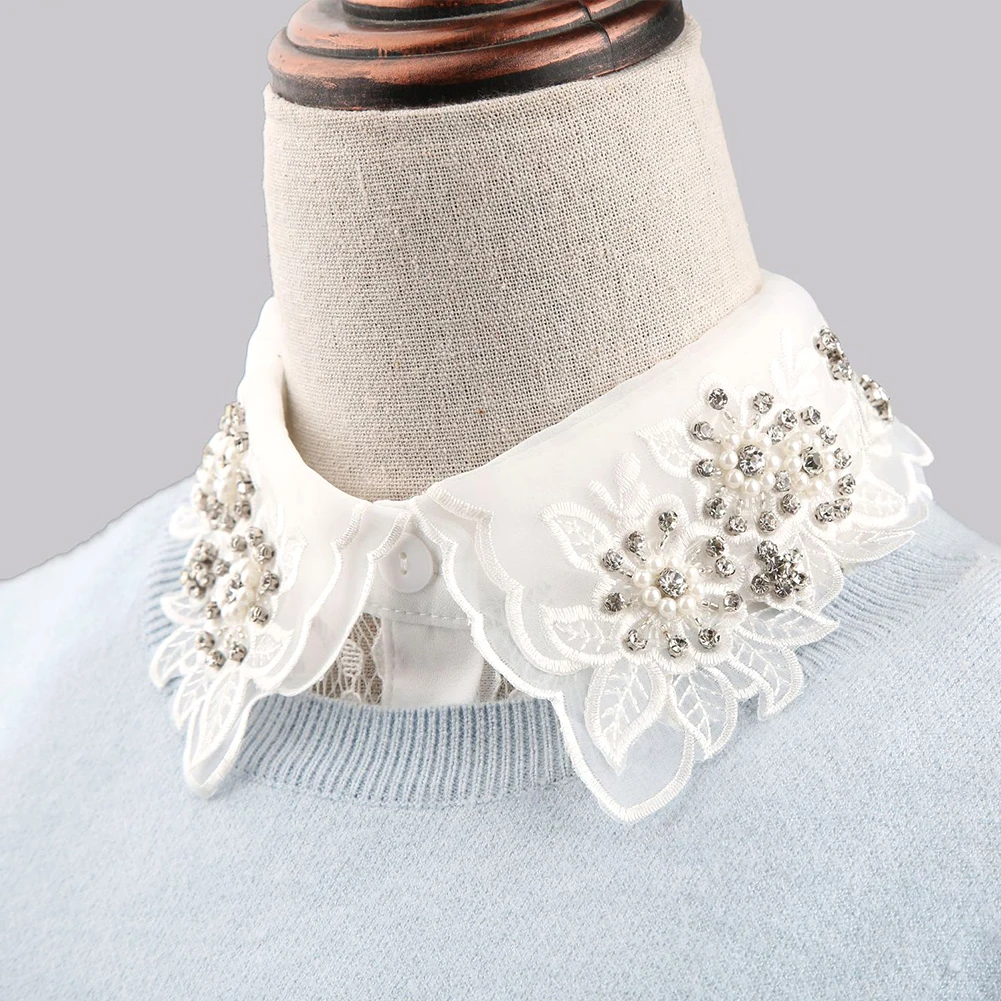 

Blouse Sweater Accessories Universal Easy Wear Women Fake Collar Stand Beads Washable V-neck Multifunction Replacement Lace