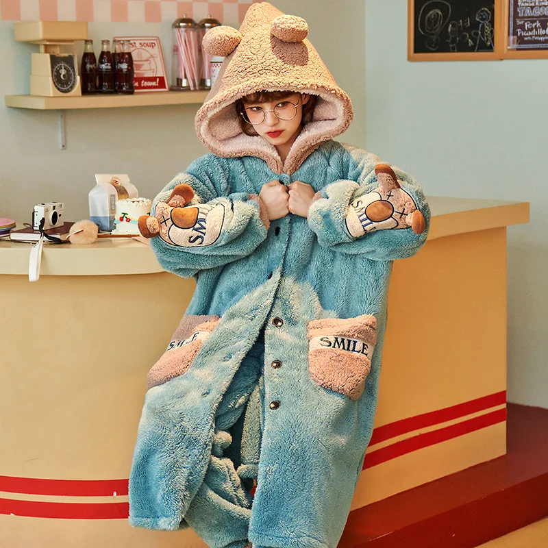 Autumn And Winter Female Ins Robe Pajamas Coral Fleece Thick Hooded Bathrobe Two-Piece Flannel Warm Home Service