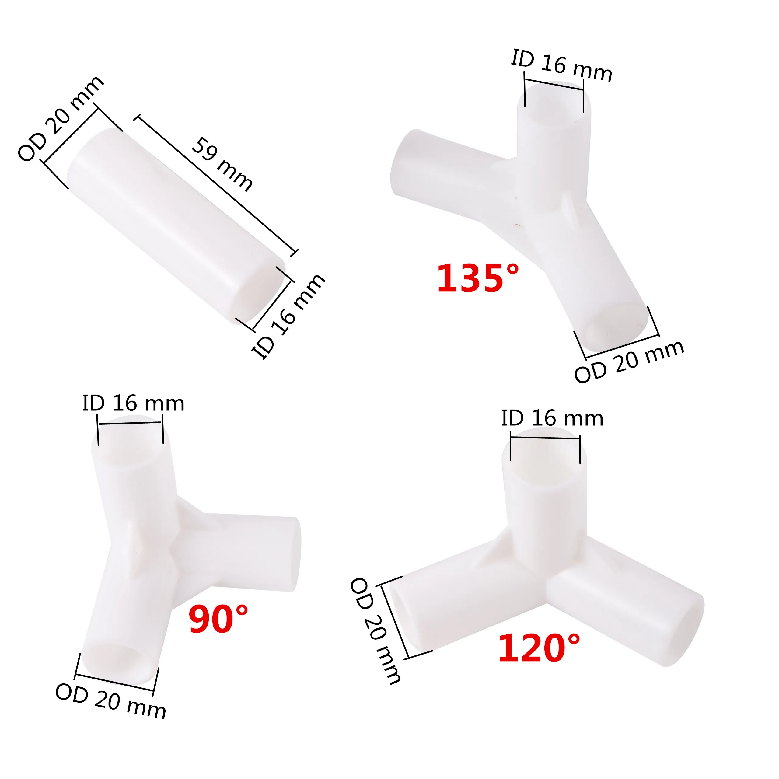 

100pcs16mm PVC Straight Elbow Cross Connector Joint 90 120 135 Degree Tee Connector PVC Pipe Fitting DIY Tent Fixed Fittings