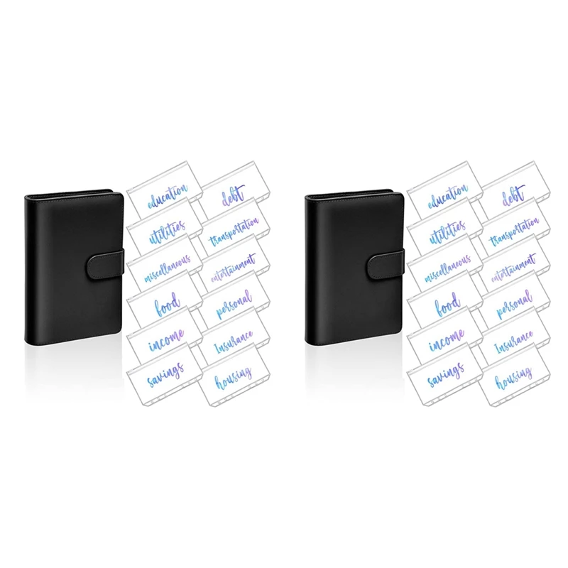 

2X A6 PU Leather Notebook Magnetic Personal Planning Binder With 24 Binder Pockets Binder Zipper Folder H