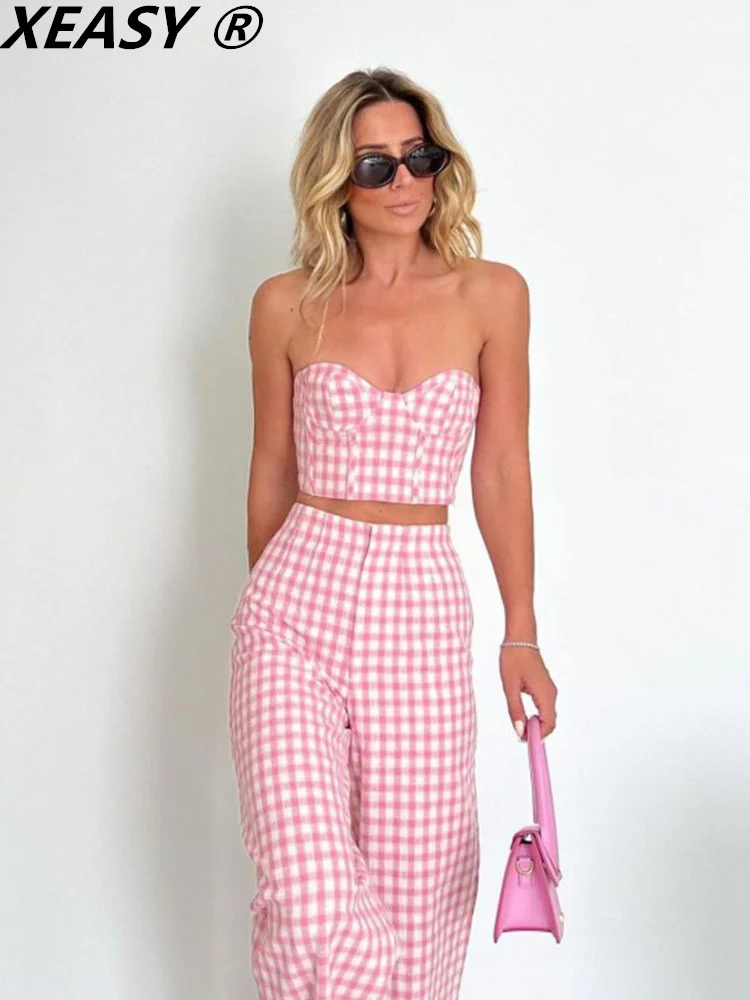 

XEASY Pants Sets For Women 2022 Crop Top Set Woman 2 Pieces Female Clothing Casual Women Pants High Waist Plaid Trouser Suits
