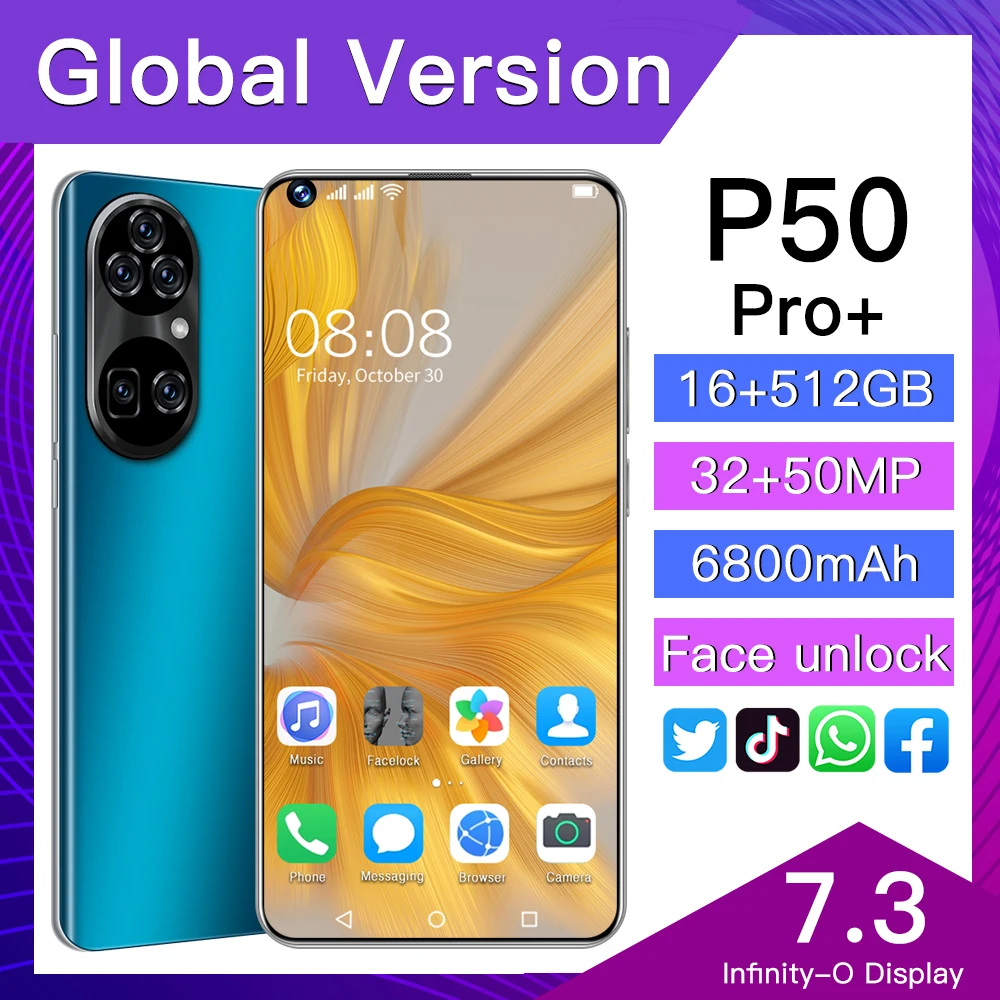 

Global Version P50 Pro+ 7.3 Inch 16GB+512GB 32MP+50MP 6800mAh Smartphones Qualcomm 888 Dual SIM Andriod 11 Face ID Mobile Phone