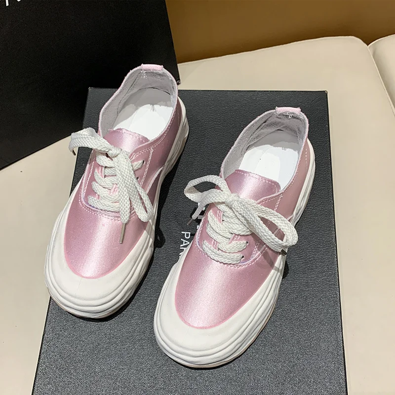 2023 Light Luxury Style Satin Face Dissolving Sole Casual Shoes Summer New Thick Sole Everything Canvas Shoe Candy Color Lace-up