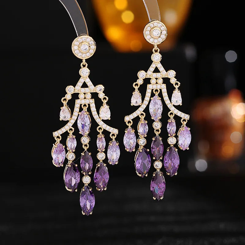 

Shining Cubic Zirconia Tassel Dangle Earrings 925 Silver Needle Wedding Party Bridal Pendant Earings Luxury Jewelry