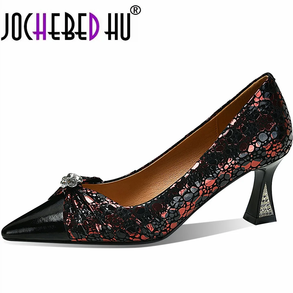 

【JOCHEBED HU】Womens High Heels Pumps Pointed Toe Mixed Colors Thin Genuine Leather Luxury Shoes Fashion Party Sexy Size 33-40